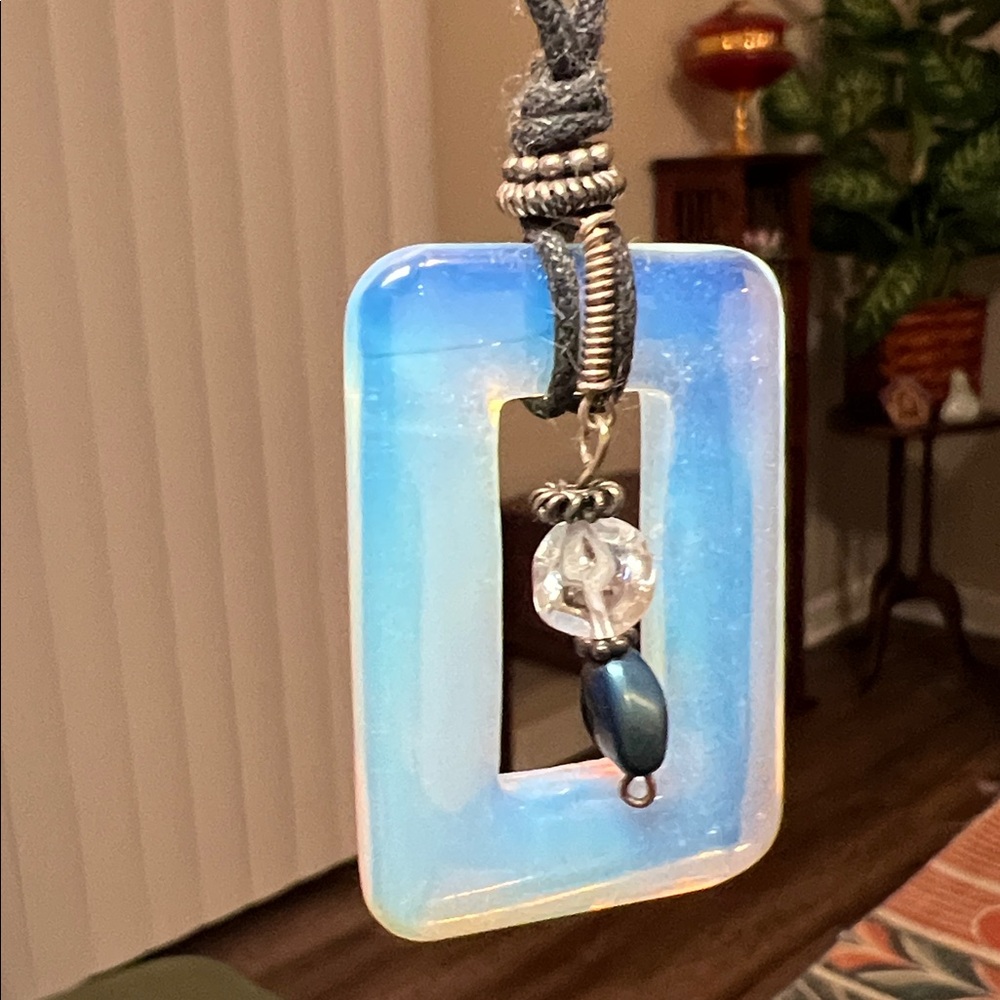 VTG Artisan Opalescent Opaline Art Glass Black Cord Sterling Silver Necklace - Picture 2 of 7
